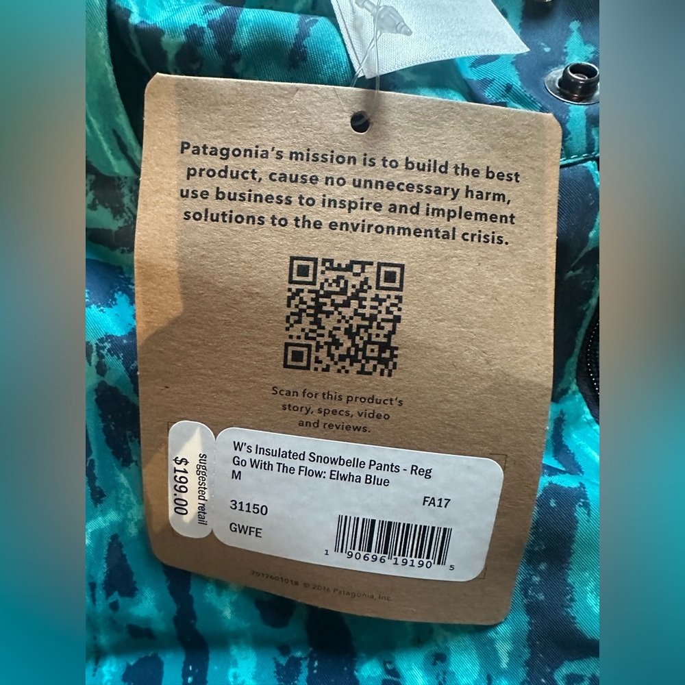 BRAND NEW WITH TAGS Patagonia Blue & Green Patterned Snow Pants - Picture 6 of 7